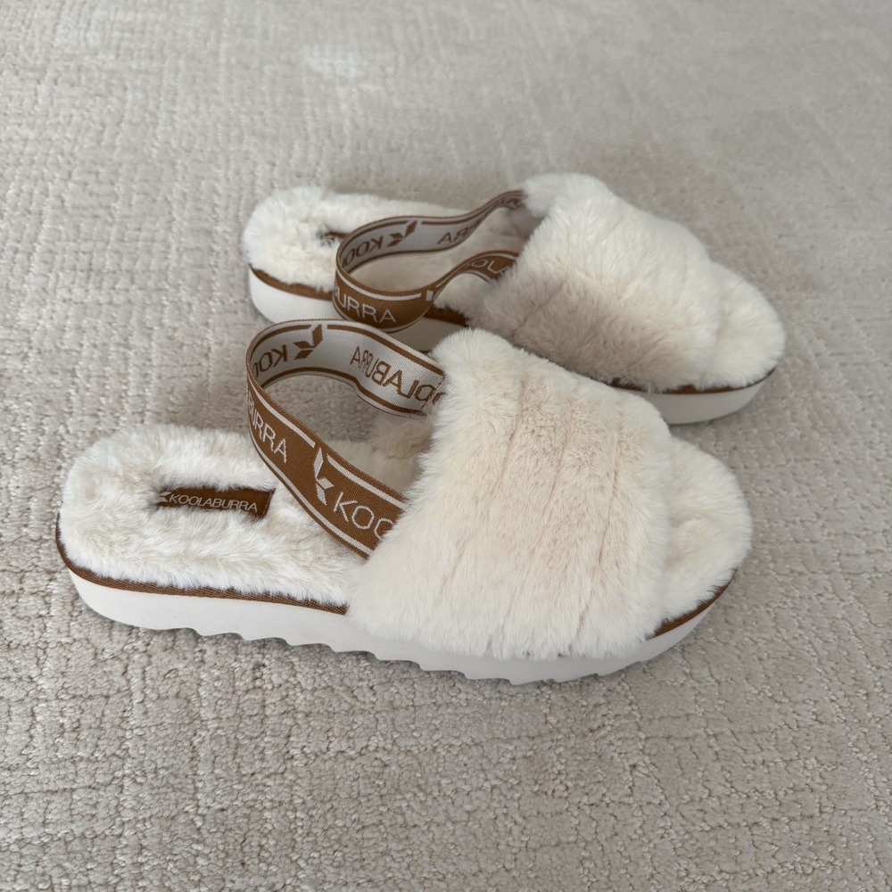 Koolaburra by UGG Fuzz-A-Gurl Cream Faux Fur Slingback Slippers Women's 9 Cozy